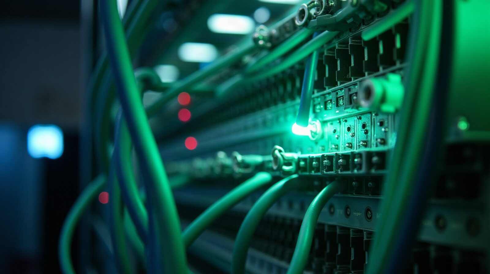 Baie de brassage câblée dans une salle serveurs, un technicien de dos consulte une baie voisine