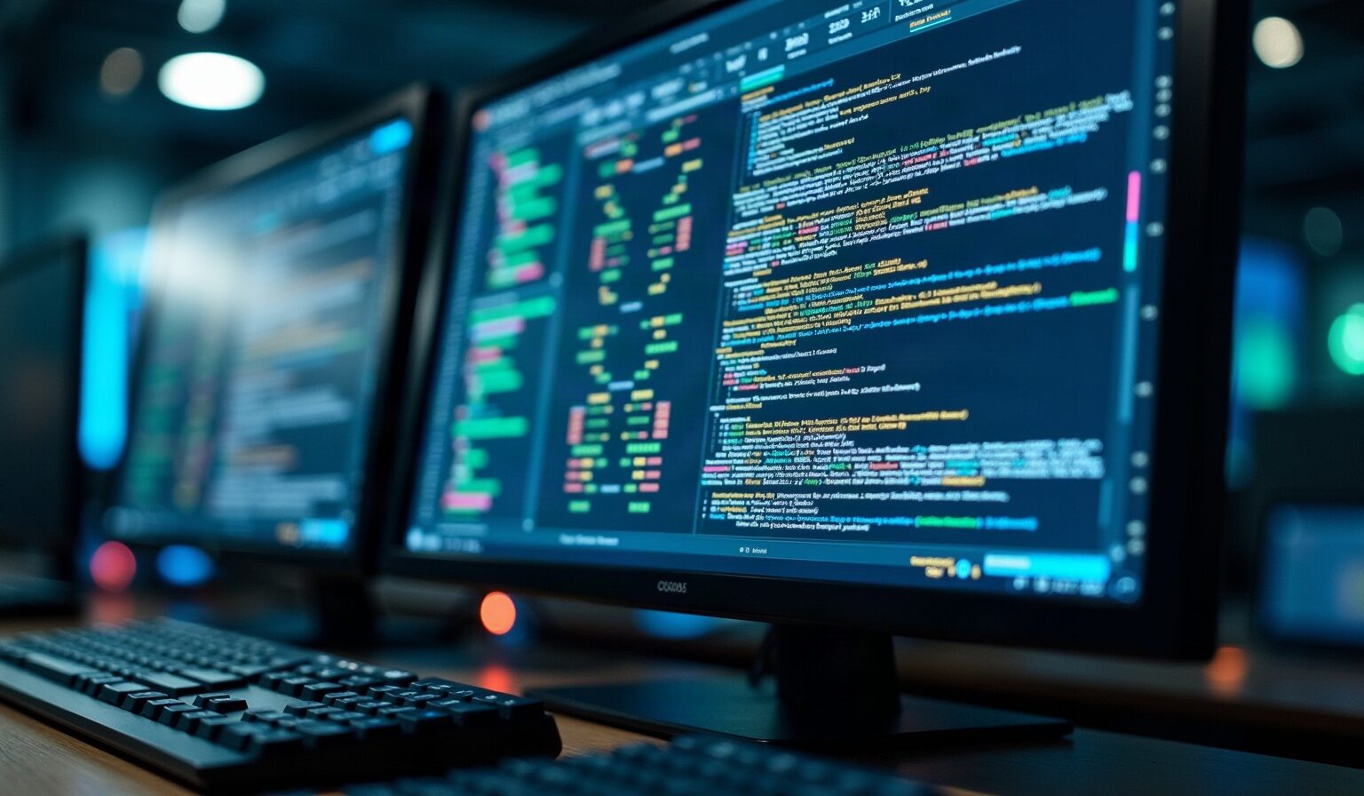 Écran de terminal dans une salle serveurs, texte volontairement illisible, clavier mécanique au premier plan