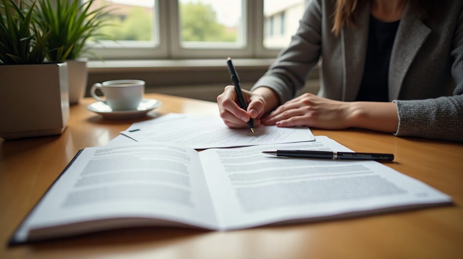 Bureau avec un contrat imprimé aux pages illisibles, un carnet ouvert et une main qui annote